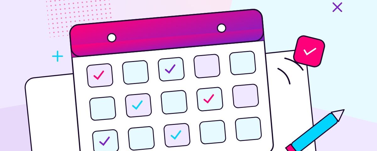 A content calendar with completed checkmarks and a new tile clicking into place