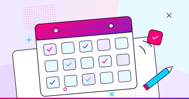 A content calendar with completed checkmarks and a new tile clicking into place