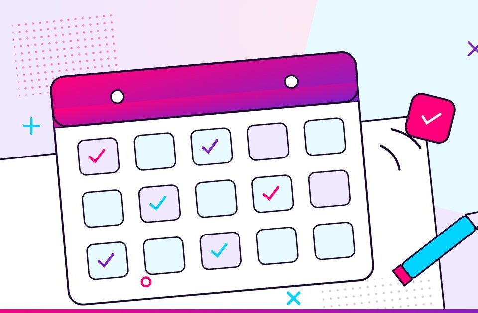 A content calendar with completed checkmarks and a new tile clicking into place