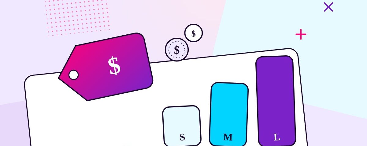 A price tag beside three pricing tier tiles labeled S, M, and L with coins