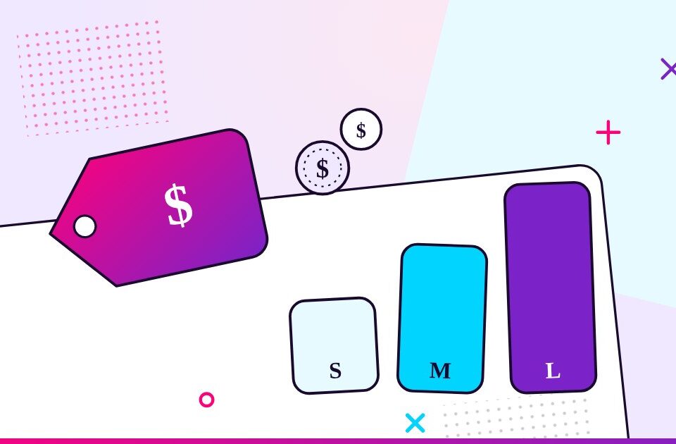 A price tag beside three pricing tier tiles labeled S, M, and L with coins