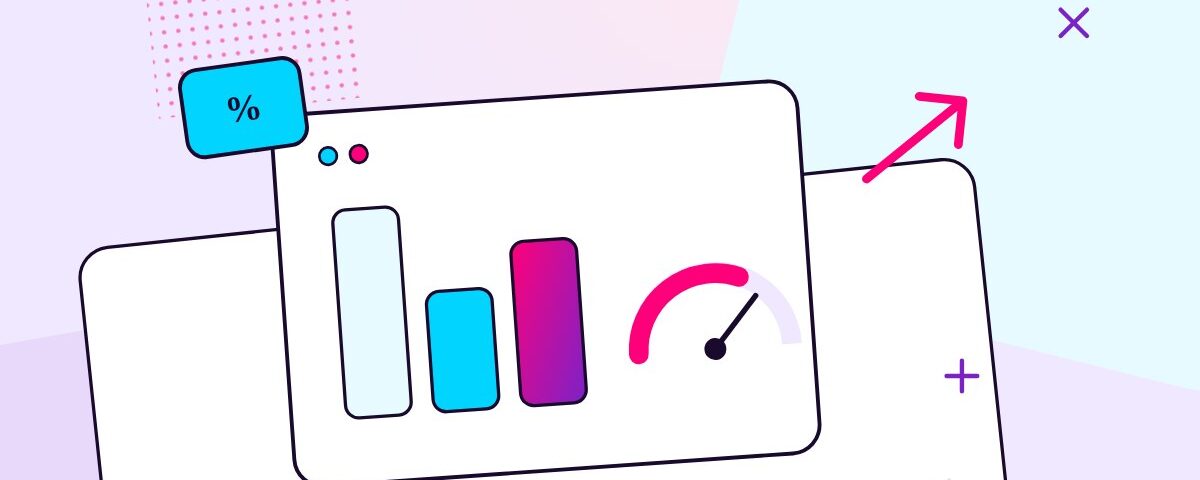 A dashboard with bar charts, a gauge, and a rising arrow