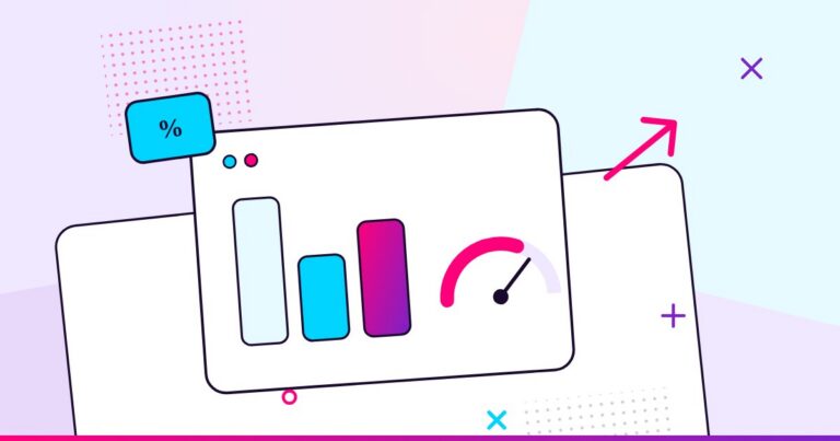A dashboard with bar charts, a gauge, and a rising arrow