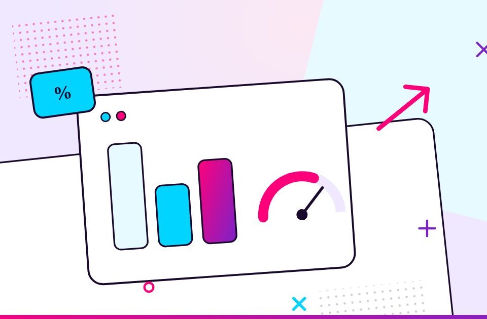 A dashboard with bar charts, a gauge, and a rising arrow