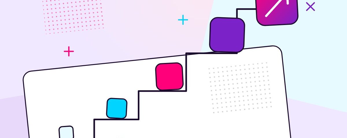 Steps rising left to right with tiles growing larger at each step and an arrow pointing up