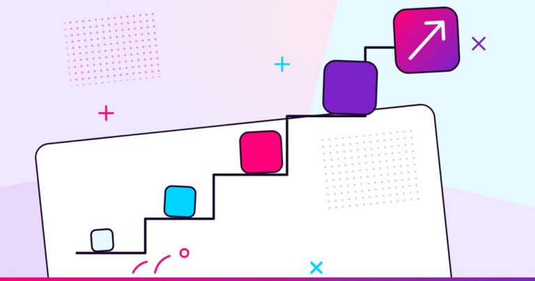 Steps rising left to right with tiles growing larger at each step and an arrow pointing up