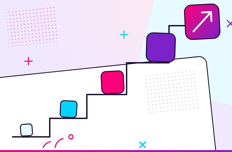 Steps rising left to right with tiles growing larger at each step and an arrow pointing up