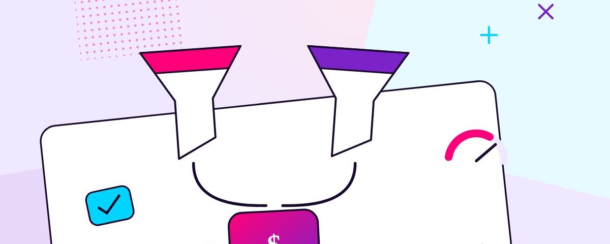 Two funnels merging into a single revenue tile with a gauge