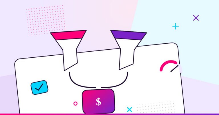 Two funnels merging into a single revenue tile with a gauge