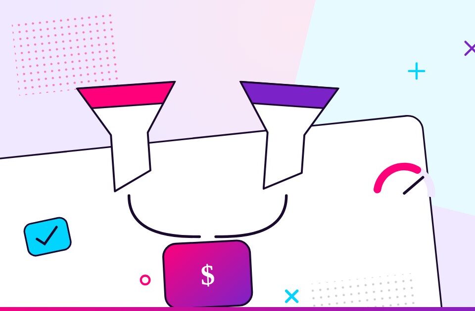 Two funnels merging into a single revenue tile with a gauge