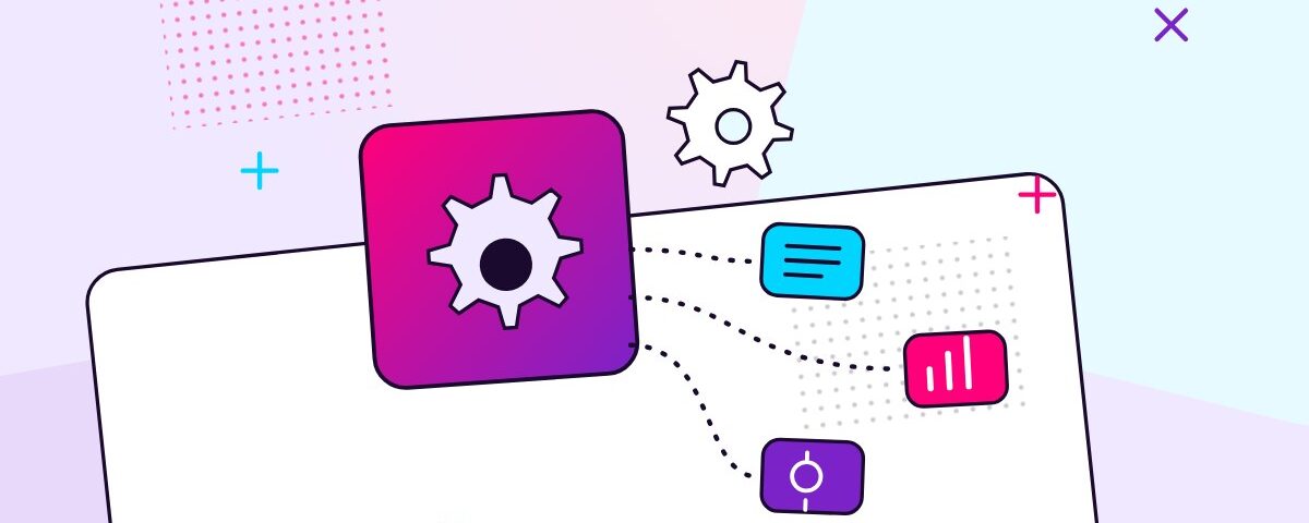 Gears connected by dashed flows to document, chart, and automation nodes