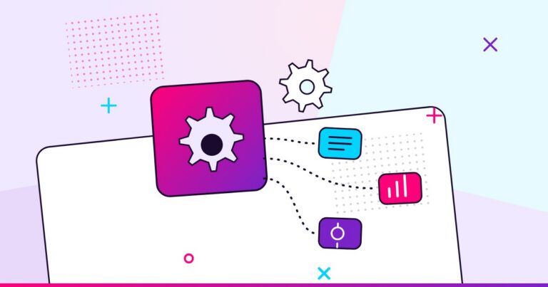 Gears connected by dashed flows to document, chart, and automation nodes