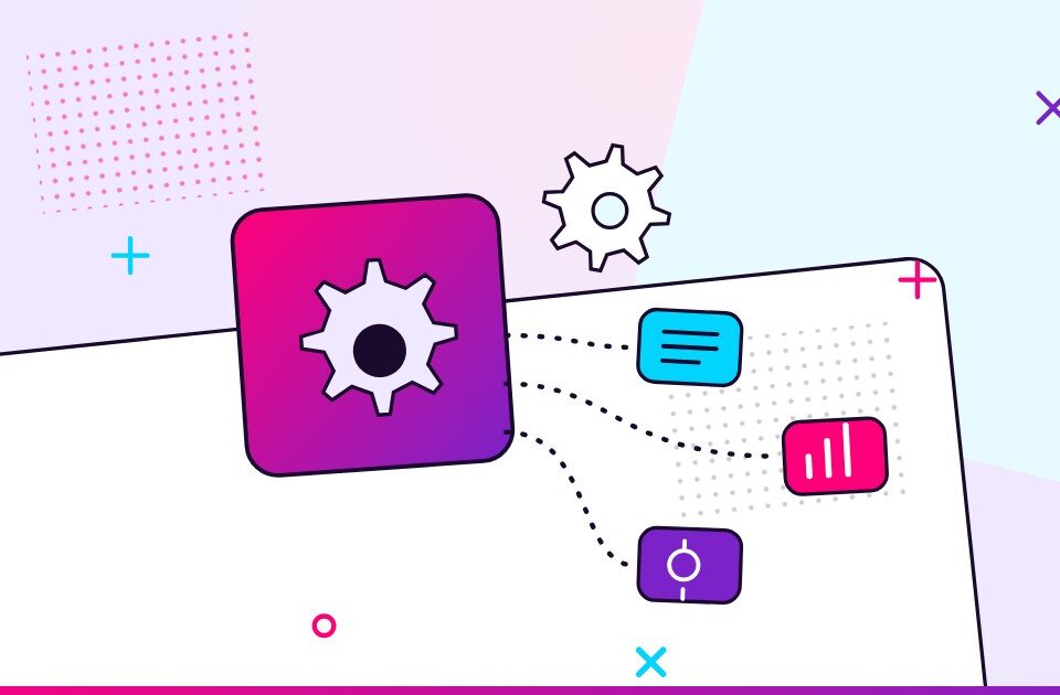 Gears connected by dashed flows to document, chart, and automation nodes